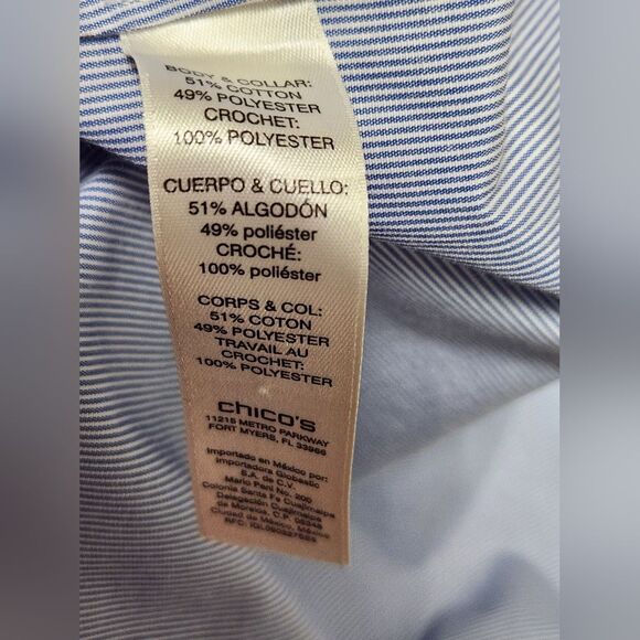 CHICO'S Lace Sleeve Blue Striped Button Up Shirt Size 3/XL - Picture 8 of 8